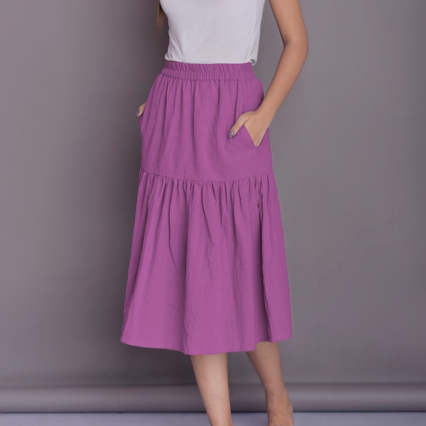 Linen Ruffle Skirt, Flare Linen skirt for women, Skirt with Pockets, Linen Midi skirt, Gather skirt -(12)