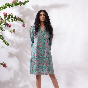 Button Down Printed Shirt Dress | Full Sleeve Shirt Dress | Women Casual Dress | Floral Shirt Women | Blue Shirt Women | Cuban Collar Shirt