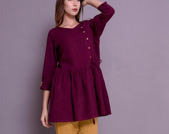 Button down Peplum top, Anarkali Casual Shirt, Indian style shirt, Washed Linen Shirt, Gathered shirt -(69)