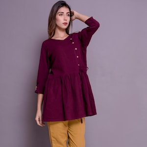 Button Down Peplum Top | Anarkali Style Casual Shirt | Indian Inspired Linen Shirt | Gathered Washed Linen Shirt for Women -(69)