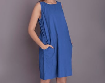 Handmade Linen Summer Dress: Sleeveless Knee Length Dress with Pockets
