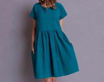 Short sleeved Dress, Teal Linen dress, Summer dress, Knee length dress with pockets, Linen midi dress -(75)
