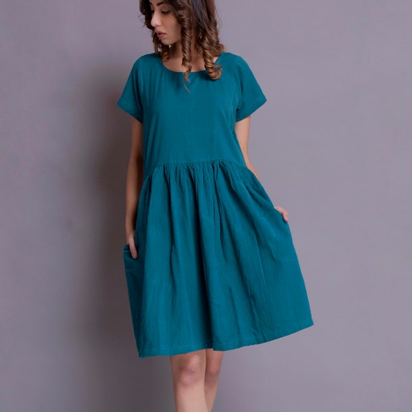 Kurzärmeliges Kleid, Leinenkleid, Sommerkleid, Knielanges Kleid mit Taschen, Leinen Midi Kleid -(75)
