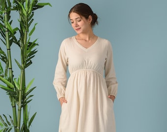 Maxi linen dress, Empire waist dress, Elegant linen dress,  Elastic waist dress, Linen dress with elastic waist-(91)