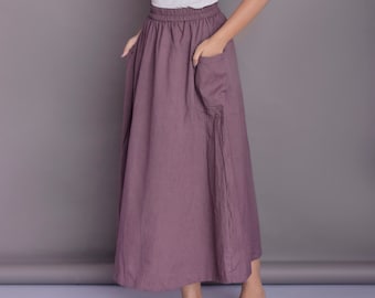 Patch Pocket Skirt, Maxi Skirt, Casual Linen skirt, Full length skirt, Linen skirt for women -(11)