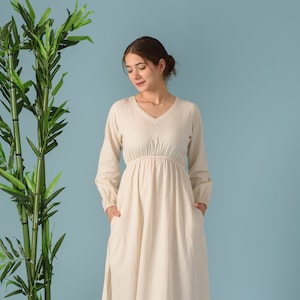 Maxi linen dress, Empire waist dress, Elegant linen dress,  Elastic waist dress, Linen dress with elastic waist-(91)