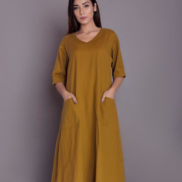Linen Tunic Dress with half sleeves, Loose Linen Dress with patch pockets, Full length tunic dress -(85)