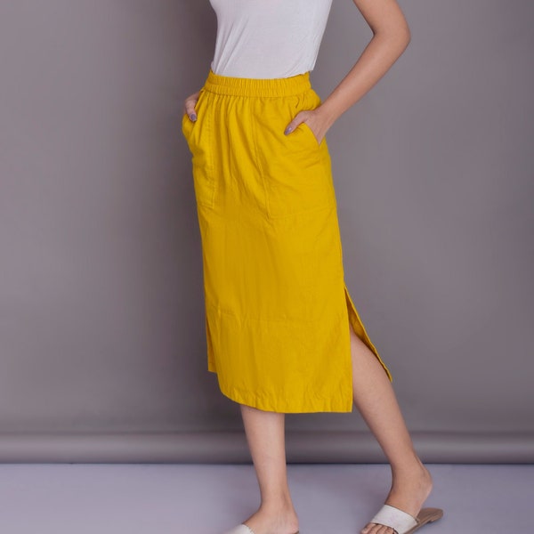 Side cut Straightline Linen Midi Skirt, Patch Pocket skirt, Linen skirt, Below the Knee Length skirt -(4)