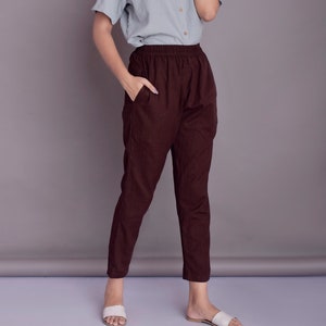 Tapered Linen Pants: Women's Relaxed Fit Trousers - Coffee Bean