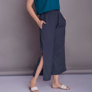 Slit Pants | Linen Side Cut Pants | Loose Linen Pants | Casual Linen Pants | Ruffle Elastic Waistband Pants | Relaxed Summer Style - (103)