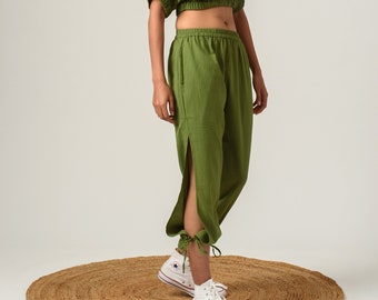 Linen Slit Pants: Casual Trousers with Pockets & Adjustable Bottoms