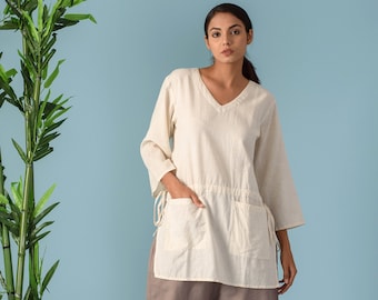Blusa tipo túnica de lino: blusa extragrande con cordón y bolsillos