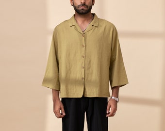 Men's Linen Cuban Collar Shirt: 3/4 Sleeve Cropped Shirt