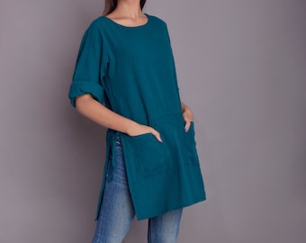 Linen Tunic | Patch Pocket Shirt | Utility Tunic for Women | Loose Linen Blouse | Drawstring Tunic | Slit Blouse | Utility Linen Top - (21)