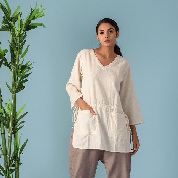Tunique avec poches profondes, Tunique en lin coupe latérale avec cordon de serrage, Kurti en lin court pour femmes, chemisier en lin long - (60)