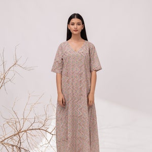Handblock Printed Linen Cotton Maxi Dress: Sleeveless Summer Dress with Pockets