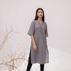 Long Shirt for Women | Linen Straight Tunic | Summer Loose Fit Kurta | Side Slit Printed Cotton Kurta | Mandarin Collar Kurta