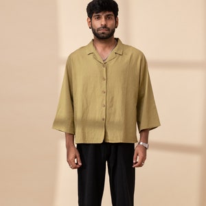 Men&#39;s Linen shirt, Linen Cuban collar shirt, Shirt with slit, 3/4th sleeves men&#39;s shirt, Washed Linen Shirt, Cropped Linen Shirt for Men,