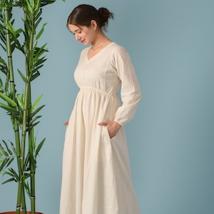 Boho Linen Maxi Dress: Empire Waist Long Sleeve Gown