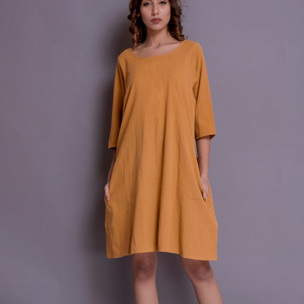 Casual Linen Dress with 3/4th sleeves, Loose Linen Dress with pockets, Linen dress for women -(83)