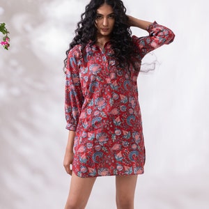 Floral Printed Shirt Dress | Floral Tunic | Dress with Gathered Sleeves | Red Printed Dress | Printed Spring Dress | Linen Short Dress