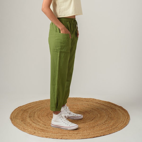 Patch pocket pants with drawstring, Linen trousers women, Box pleat trousers, Wide leg pants, Comfortable linen pants with pockets-(113)