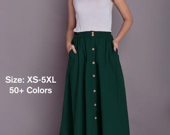 Button-Down Linen Midi Skirt: Pocket Front Skirt