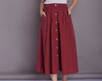 Button opening skirt, Buttoned skirt with pocket, Long Linen Skirt, Front button skirt, Midi skirt -(2)