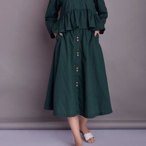 Button Front Linen Midi Skirt with Pockets