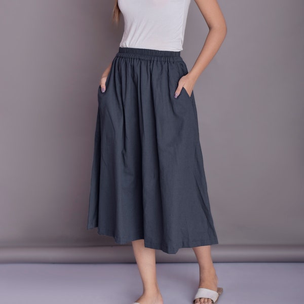 Skirt with Pockets, Linen Skirt, Linen skirt for women, Midi Skirt, Below the Knee skirt, Plus size skirt -(1)