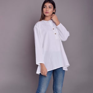 Indian shirt for Women, Short Kurti, White linen shirt, Indian Kurta, Linen Washed Soft Shirt - Custom made by Modernmoveboutique