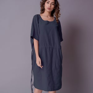 Oversized Dress with Drawstring, Oversized Loose Fitted Linen Dress, Washed Kaftan Tunic -(162)