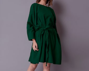 Handmade Oversized Linen Dress with Belt: Full Sleeves, Pockets