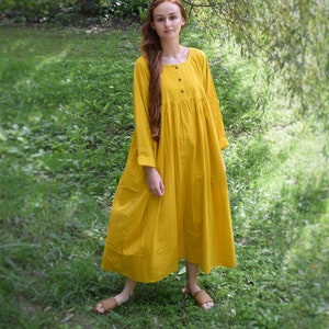 Empire Waist Dress, Linen Loose Flared Dress, Button opening dress, Full sleeved dress with pockets -  Custom made by Modernmoveboutique