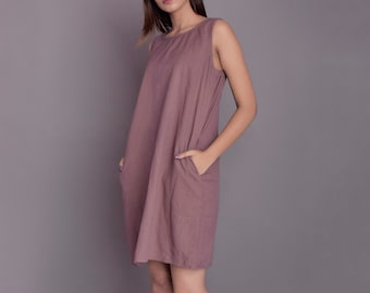 Dusty Rose Linen Dress: Sleeveless Summer Dress with Pockets