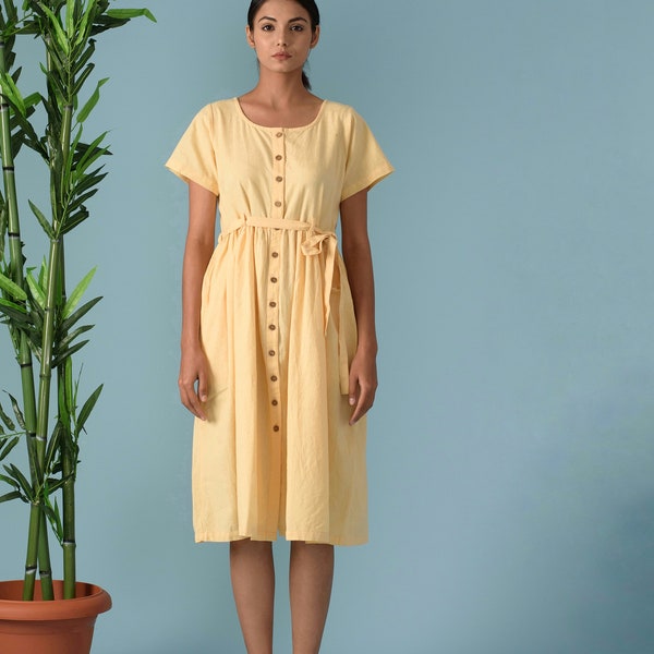 Button down linen midi dress, Linen dress with waist belt, Linen midi dress, Short sleeve linen dress-(79 B)
