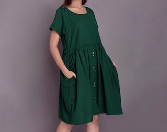 Handmade Linen Midi Dress: Button Down Summer Dress with Pockets