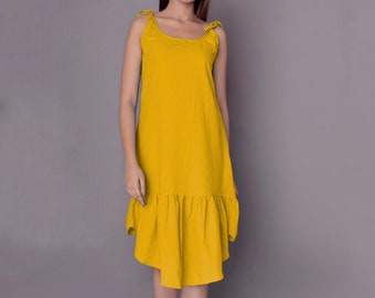 Handmade Linen Summer Dress: Ruffle Tie Strap Casual Dress