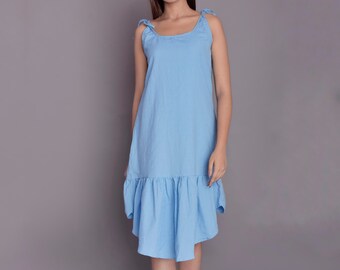 Handmade Linen Tie Strap Dress: Ruffle Bottom Summer Casual