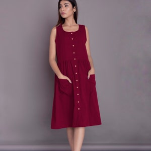 Summer Dress for Women | Sleeveless Linen Midi Dress | Button Opening Dress | Midi Dress with Patch Pockets | Casual Linen Dress -(76)