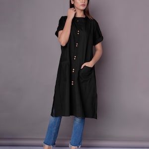 Washed Linen Shirt Dress: Patch Pocket Long Shirt