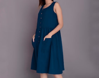 Linen Midi Dress: Sleeveless Button-Down Summer Dress with Pockets