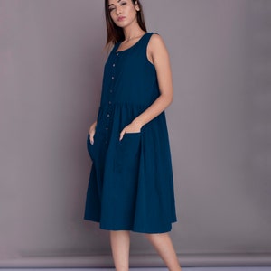 Linen Midi Dress | Button Down Sleeveless Dress | Summer Dress for Women | Midi Linen Dress with Patch Pockets | Casual Dress -(76)