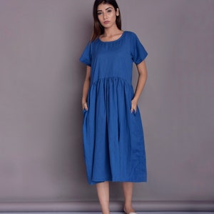 Linen Midi Dress | Short Sleeved Linen Dress | Blue Linen Summer Dress | Below Knee Dress with Pockets | Handmade Summer Dress