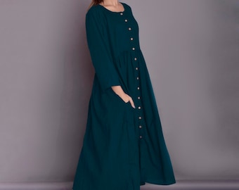 リネンマキシドレス | ボヘミアンマキシドレス | 長袖ドレス | ロマンティックリネンドレス | ポケット付きゆったりフレアドレス | レディース向けゆったりドレス-(77)