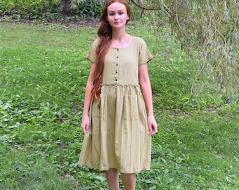 Handmade Linen Midi Dress: Button Front Summer Dress with Pockets