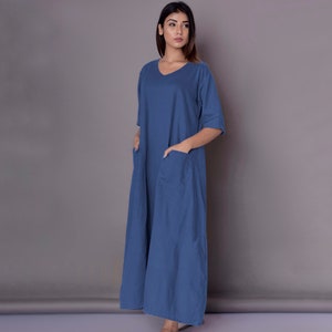 Linen Maxi Dress, Tunic Dress with patch pockets, Ankle length Dress, Full length tunic dress -(85)