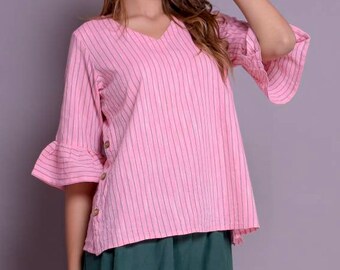 Buttoned Linen Peplum Top: V-Neck Gathered Sleeve Shirt