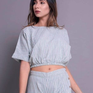 Elastic waist crop top, Loose Linen top, Linen Crop top, Striped linen top, Elastic crop top - (34)