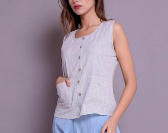 Linen Tank Top with Pockets: Front Button Sleeveless Blouse